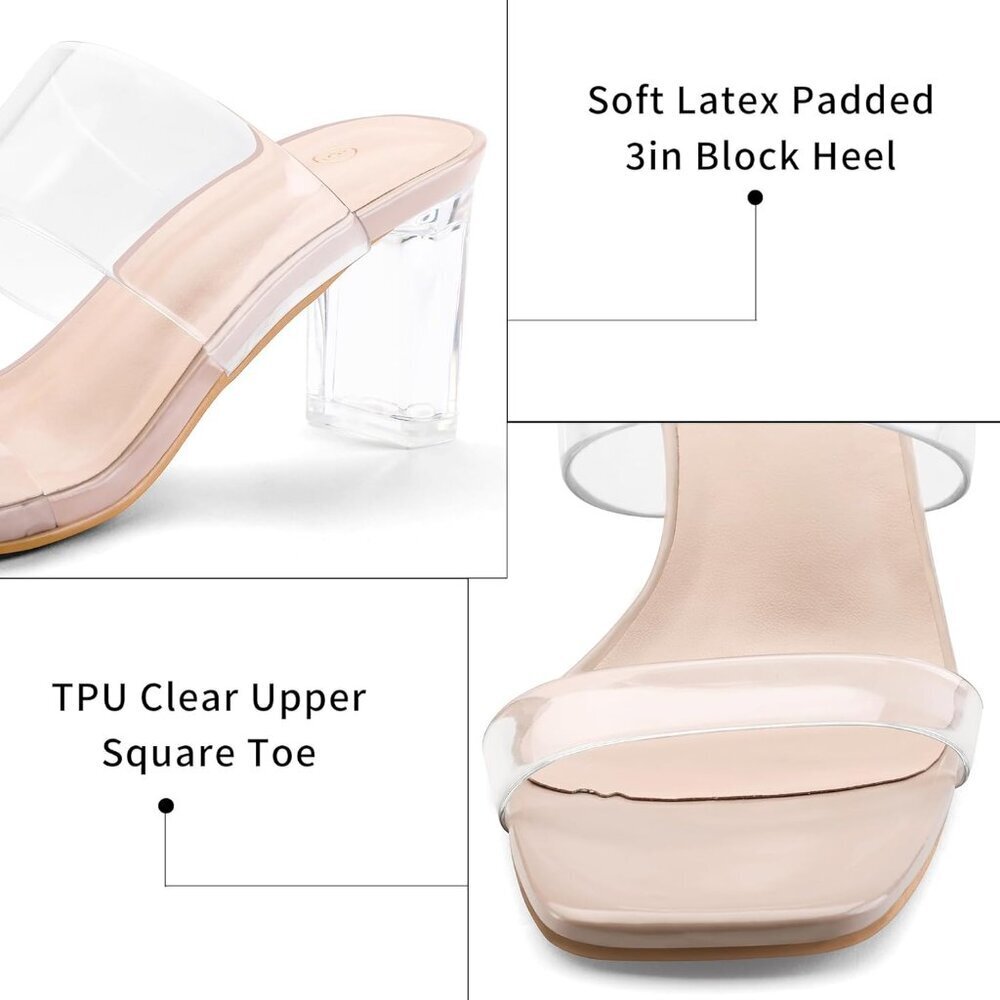 Women Clear Heels Chunky Square Toe Slip On Wedding Shoes 8.5 - Picture 4 of 6